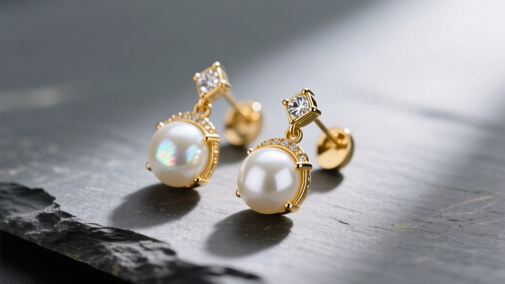 Close-up of gold earrings with pearl drops on slate, soft light highlighting the white nacre luster and delicate metal settings.