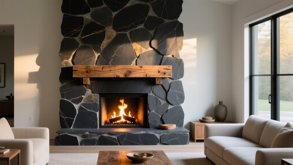 Living room fireplace surround featuring dark charcoal ledgestone veneer, a warm fire, and a rustic wooden mantel above