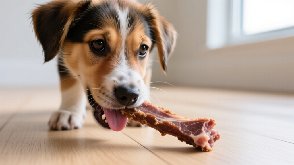 Close up of a mixed breed puppy gnawing on a natural beef tendon chew to relieve teething discomfort on a hardwood floor