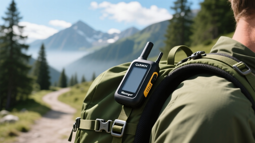 Garmin inReach Messenger satellite communicator clipped to the shoulder strap of a hiking backpack with a blurred mountain trail background