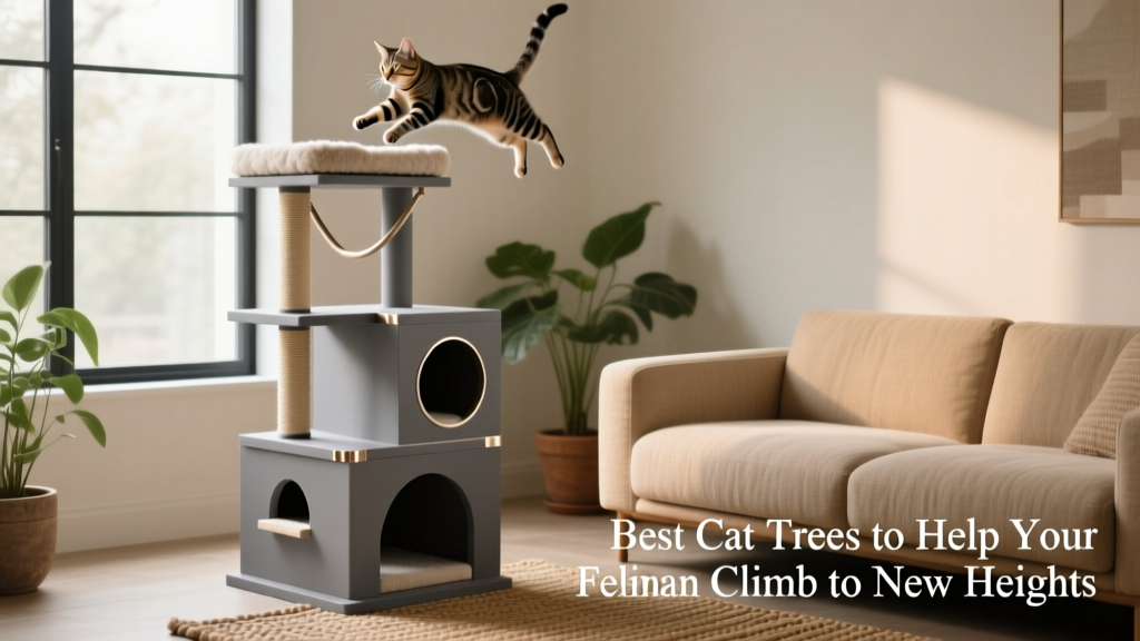 A modern gray cat tree with clean geometric lines placed beside a stylish living room sofa