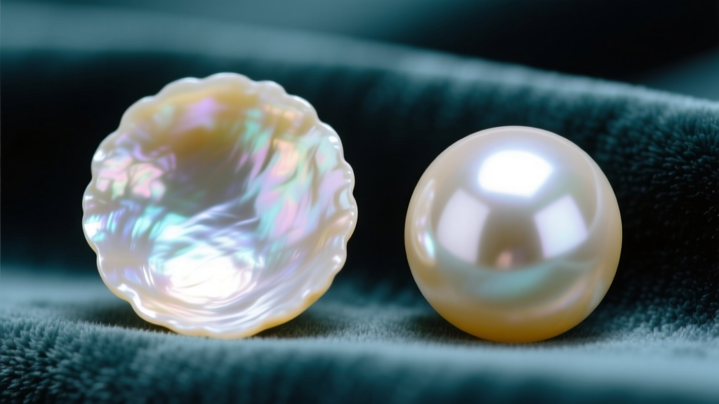 Macro shot comparing the thick nacre of a baroque freshwater pearl against the sharp mirror luster of a round Akoya pearl on velvet.