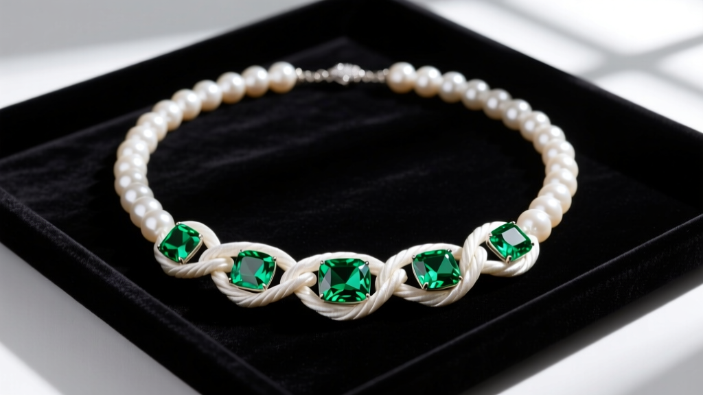 Elegant 18-inch knotted silk necklace with alternating white Akoya pearls and faceted 3-carat peridot gems on a dark velvet tray.