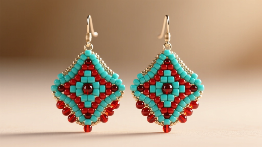 Macro shot of Native American beaded earrings featuring geometric Plains patterns in vibrant turquoise and red glass seed beads