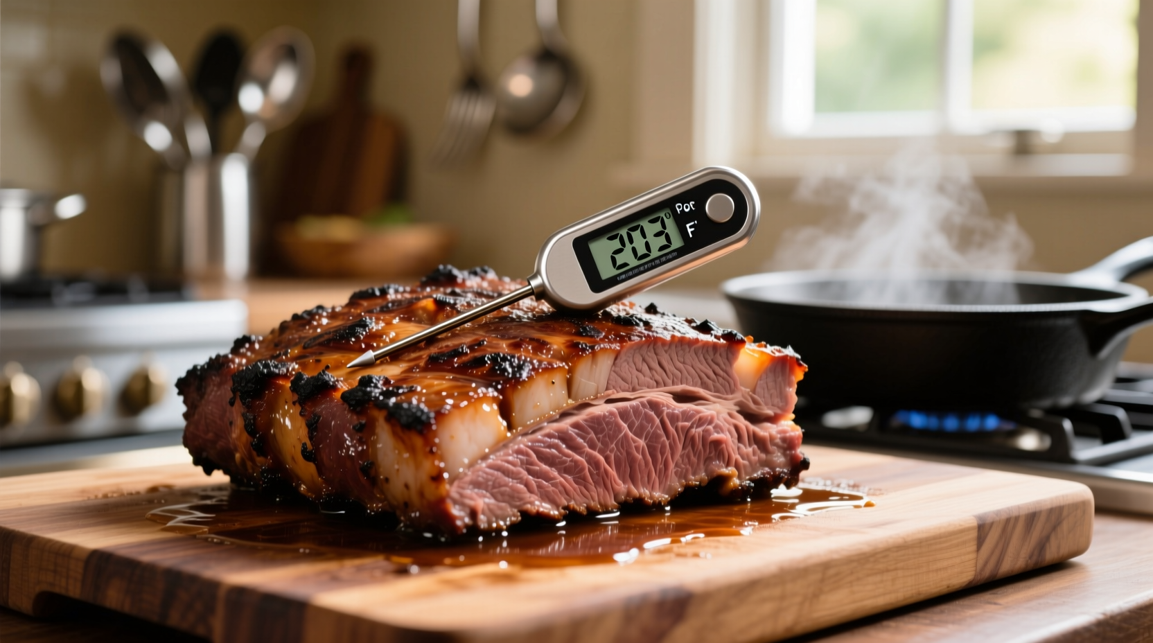 Thermometer showing 203 degrees in cooked brisket
