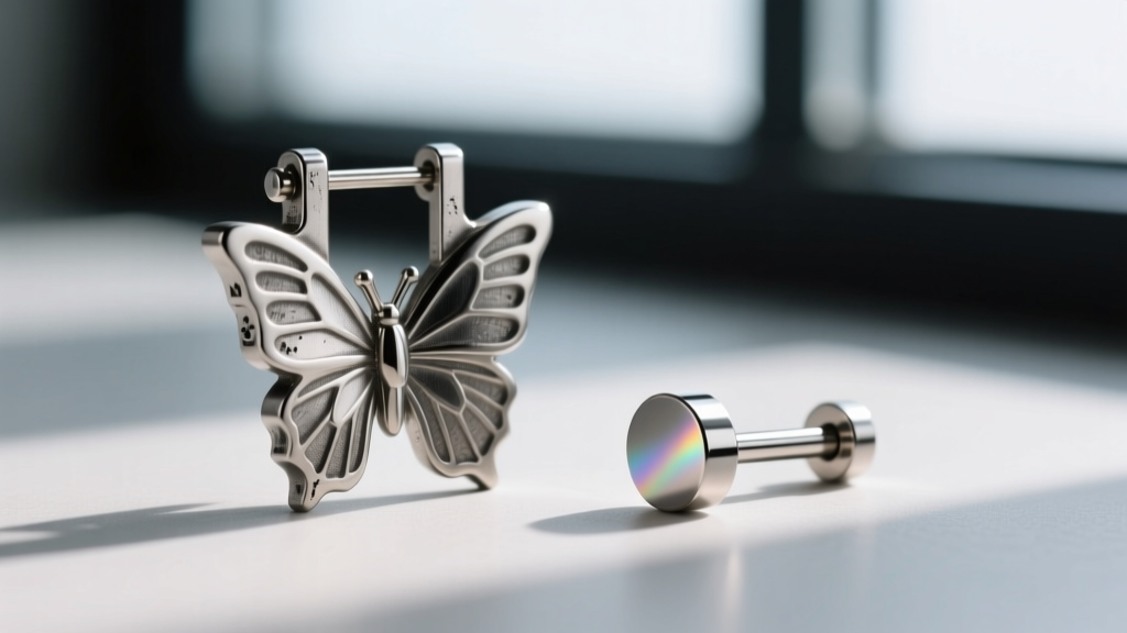 Macro shot comparing a bulky steel butterfly earring back next to a sleek implant-grade titanium flat-back labret disc.
