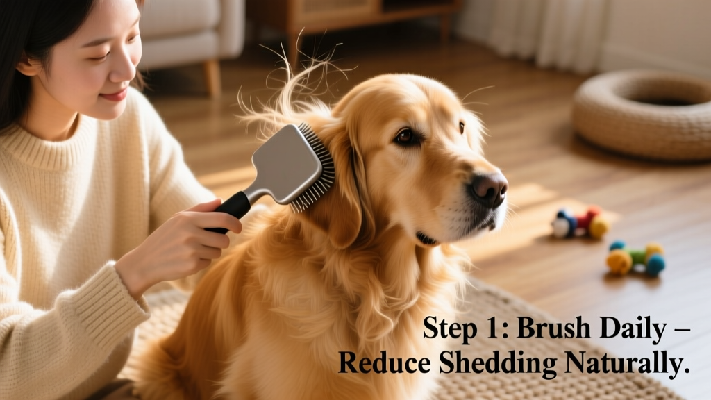 Close-up of a person gently brushing a golden retriever with a slicker brush