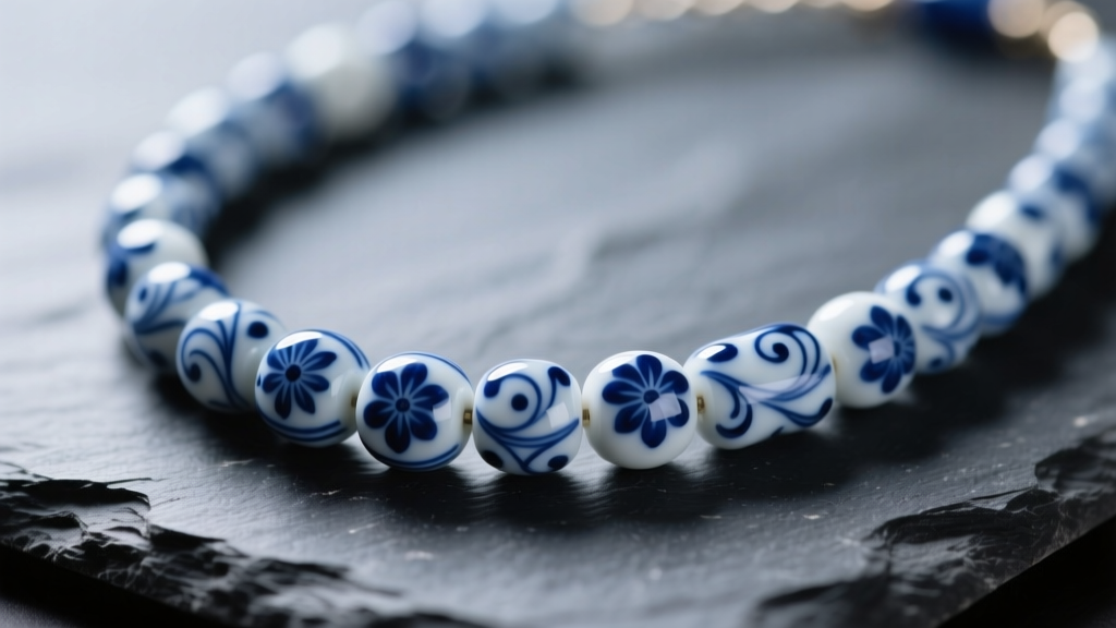 Macro shot of a blue and white porcelain bead necklace on dark slate, highlighting the intricate cobalt glaze and glossy finish