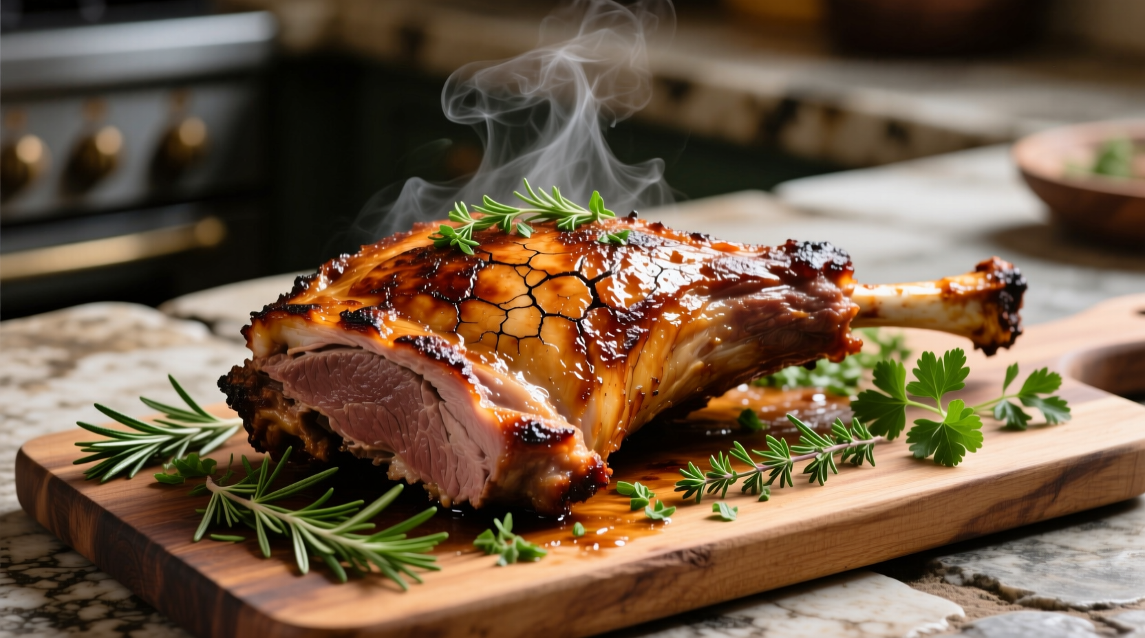 Perfectly roasted lamb with golden crust and herb garnish