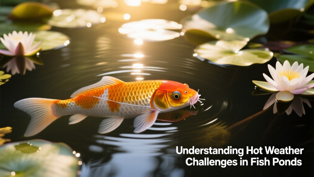 Close-up of koi fish swimming beneath floating water lilies in a shaded pond