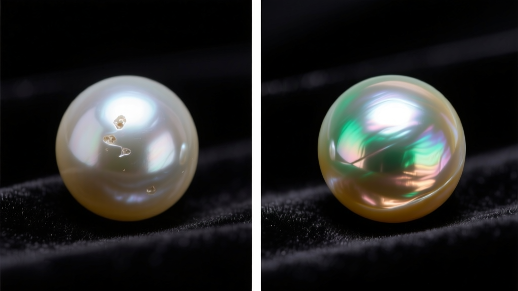 Side-by-side view of a dull generic freshwater pearl and a high-luster Belle de Mer pearl under studio lighting on black velvet.