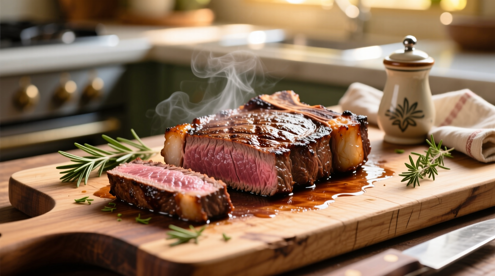 Perfectly seared top sirloin steak on cutting board