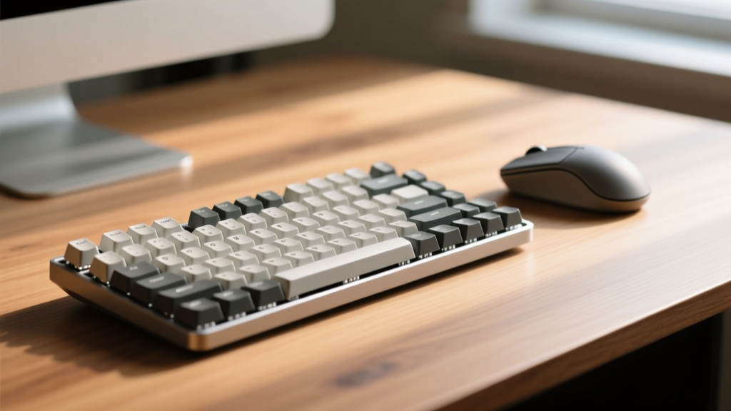 Side profile of a low-profile mechanical keyboard on a wooden desk next to a minimalist mouse, highlighting its ultra-slim 21mm height
