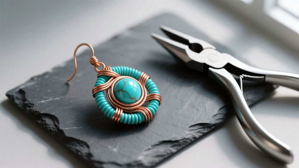 Overhead view of a finished turquoise wire-wrapped beaded earring resting on a dark slate crafting mat with jewelry pliers nearby
