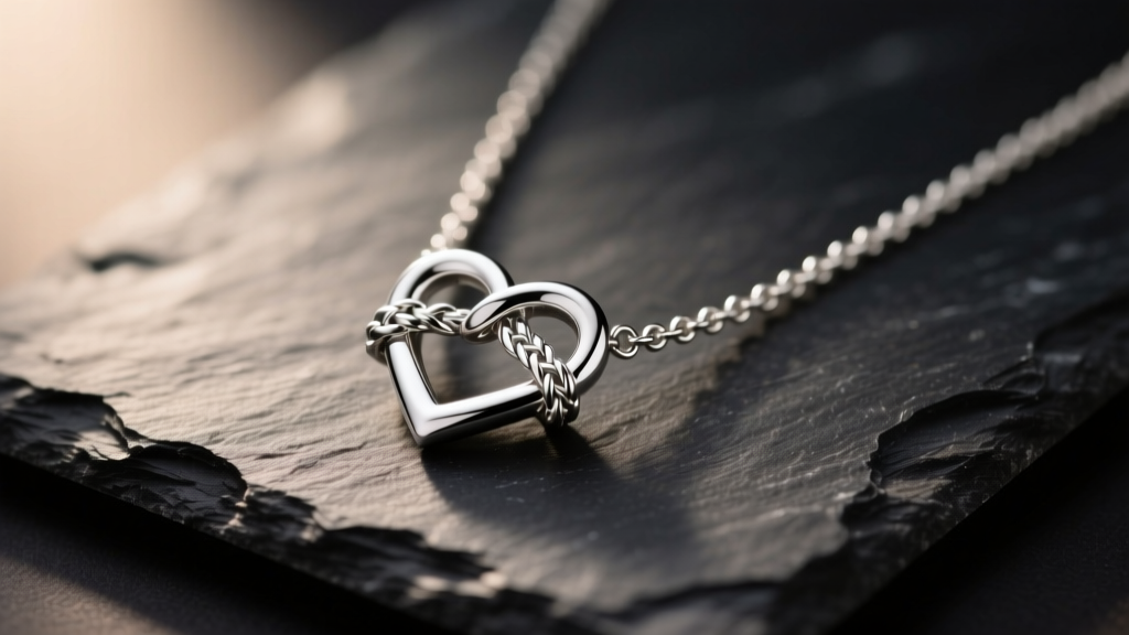 Close-up of a sterling silver hart tie necklace on dark slate, showing intricate knot crevices under soft, warm studio lighting.