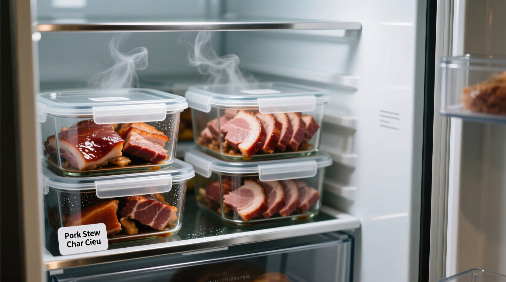 Cooked pork stored in airtight glass containers in refrigerator