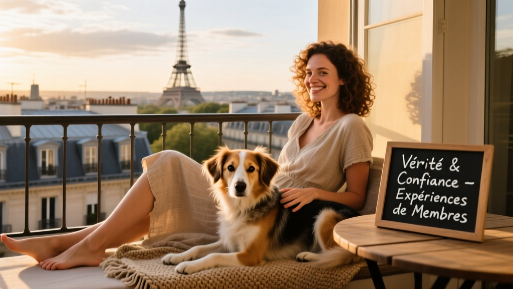 Emma relaxing on a balcony overlooking Paris, with Pixel nearby