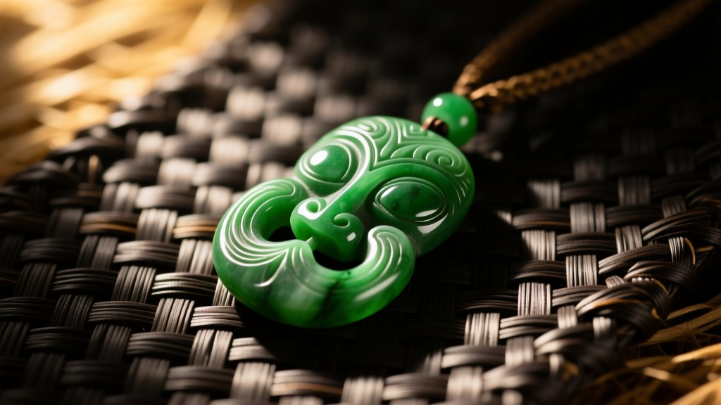Carved Maori pounamu greenstone hei tiki pendant resting on a dark woven flax mat, lit by warm directional natural sunlight