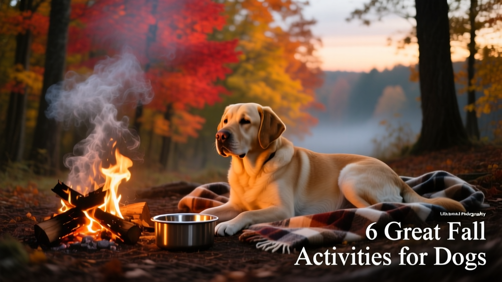 A relaxed Labrador resting beside a crackling campfire under a canopy of colorful fall trees, with a cozy blanket and water bowl nearby