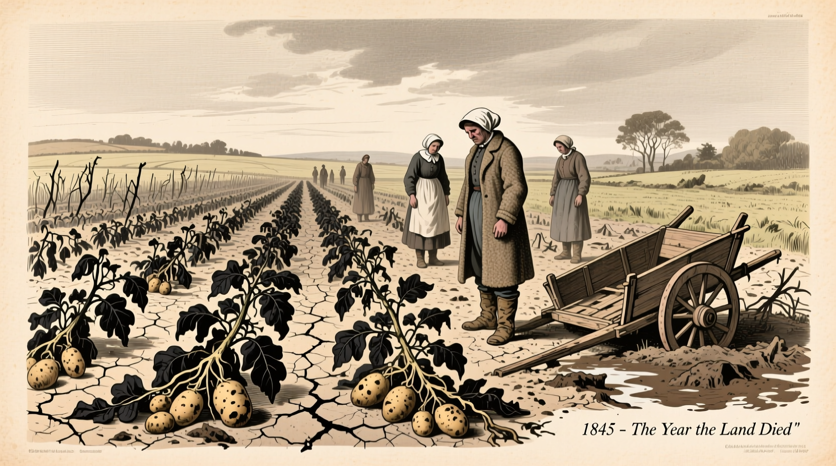 Historical illustration of potato blight damage on Irish crops