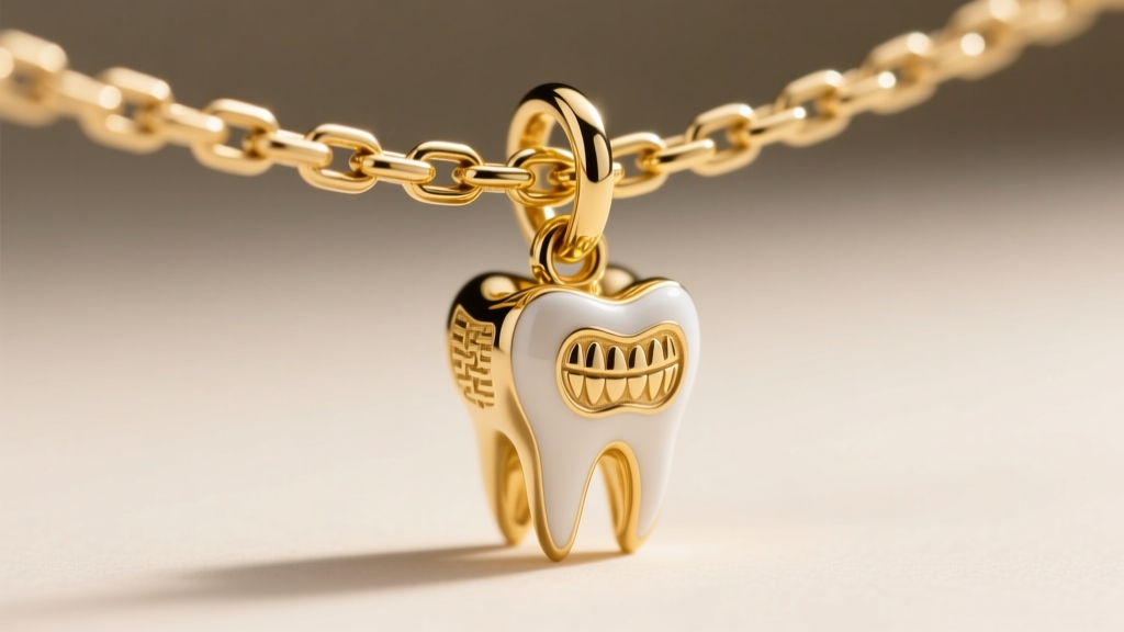 Macro shot of a 2mm 14k gold Figaro chain threading through the bail of a detailed gold molar charm, highlighting link texture.