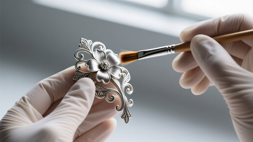 Hands in nitrile gloves using a soft brush to gently clean intricate filigree details on a vintage sterling silver floral brooch.