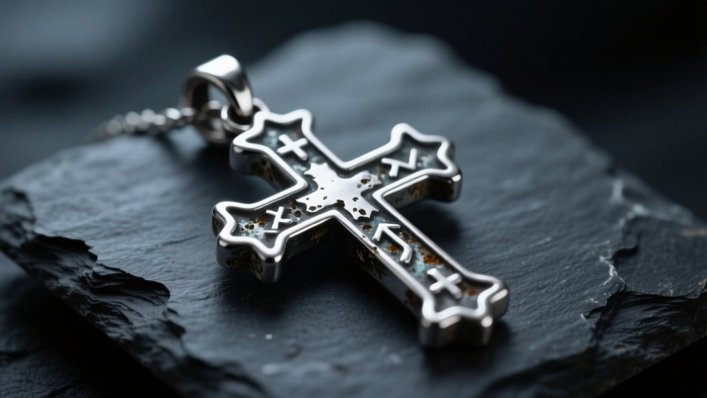Macro shot of an oxidized sterling silver Jerusalem cross pendant on dark slate, lit by dramatic and moody studio lighting setups.