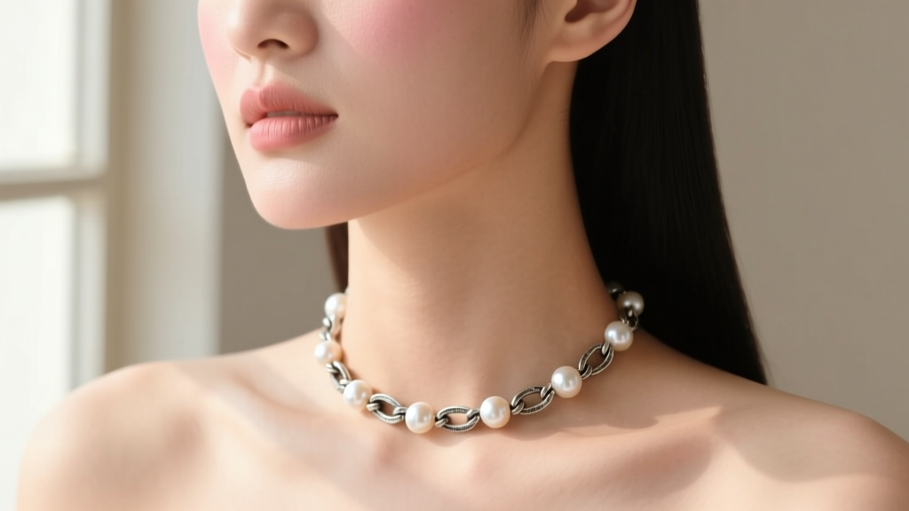 Neckline wearing a choker of alternating 6mm Akoya pearls and oxidized sterling silver links in soft natural window lighting