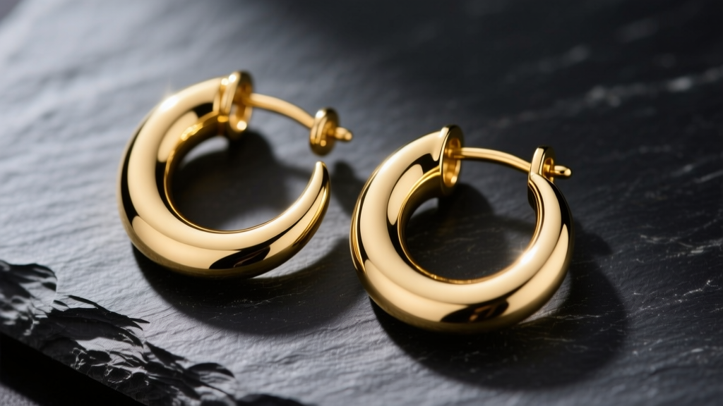 Macro shot of polished 18k yellow gold crescent hoop earrings on dark slate, highlighting the seamless snap-hinge closure.