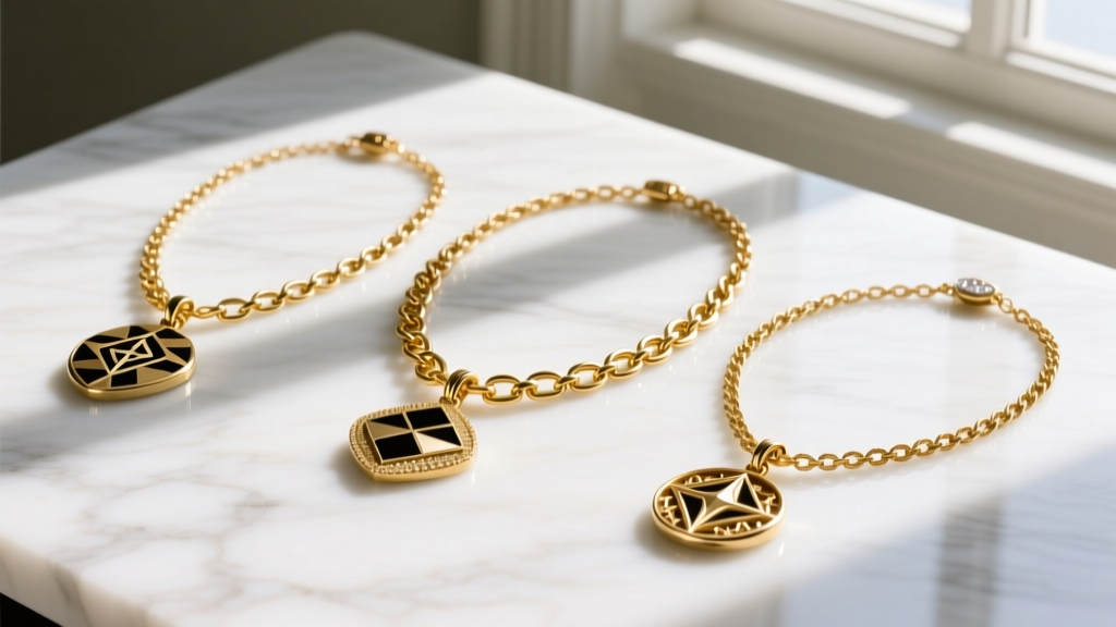 Three Park Lane vintage necklaces from the 70s, 80s, and 90s laid flat on white marble, illuminated by bright natural daylight.