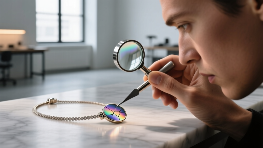 Jeweler using a loupe to inspect the PVD titanium coating on an NFC quantum necklace clasp for micro-fractures and daily wear.