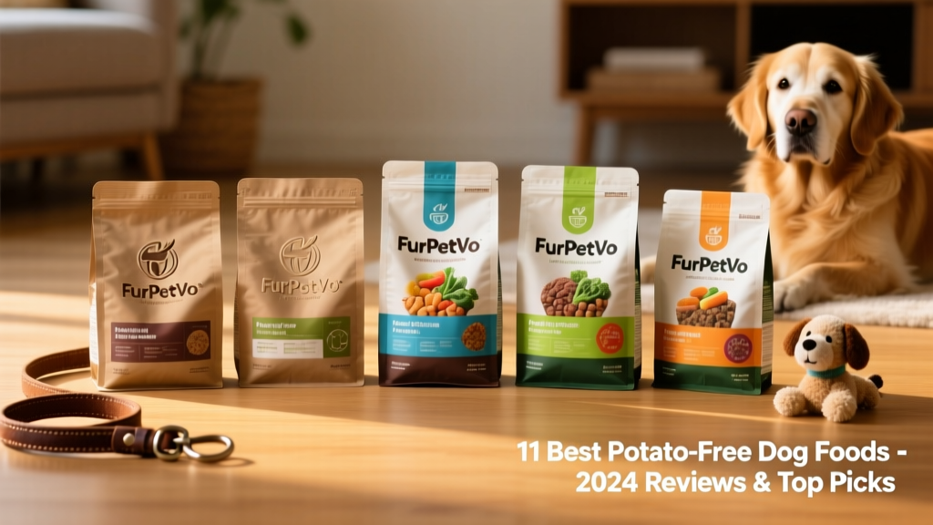 Side-by-side comparison of five FurPetVo dry and fresh dog food packages on a clean wooden surface