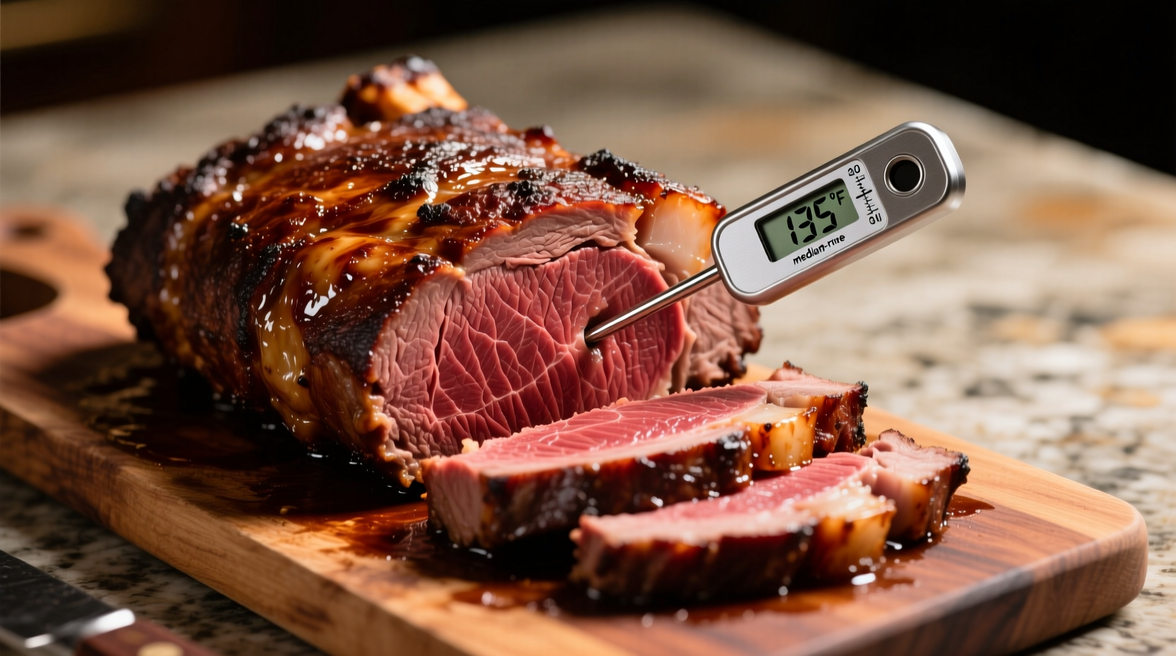 Perfectly cooked prime rib with meat thermometer showing internal temperature