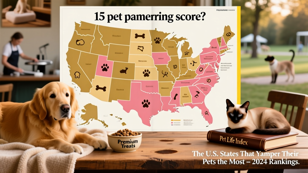Map of the United States highlighting top 15 states ranked by pet pampering score