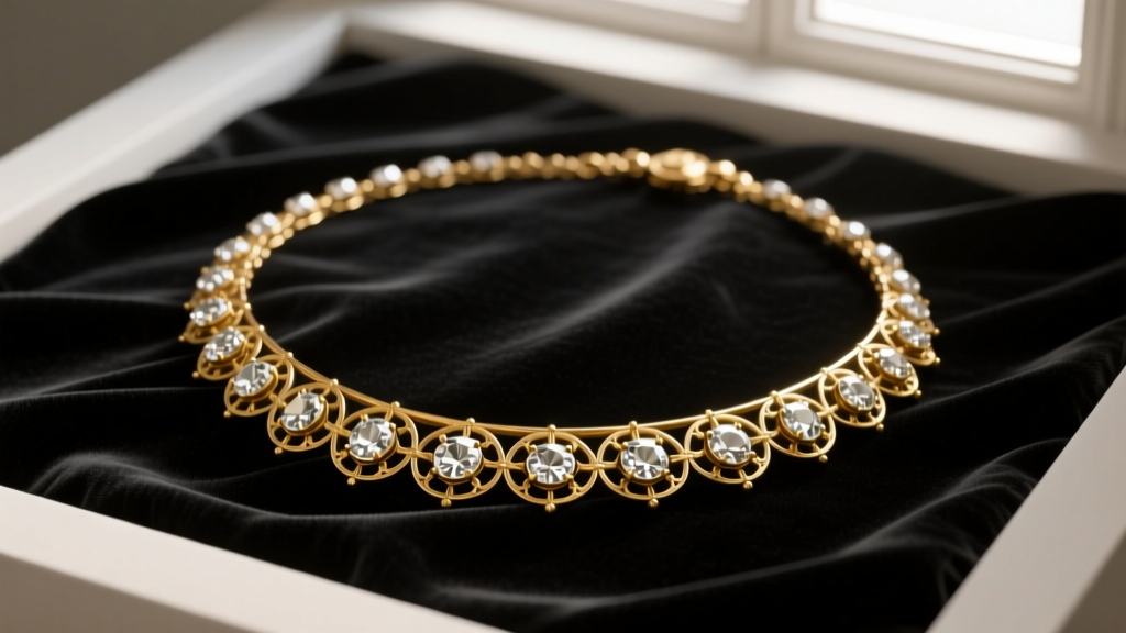 Flat lay of an 1880s Parisian silver-topped gold rivière necklace with old mine cut diamonds resting on dark velvet fabric