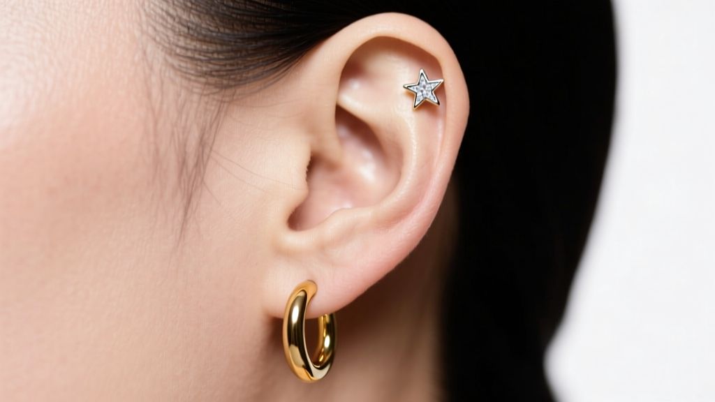 Side profile of an ear showing a double piercing with a gold huggie in the lower lobe and a small star stud in the upper hole.