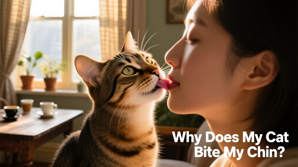 Cat licking and softly nipping a person's chin while making eye contact and purring