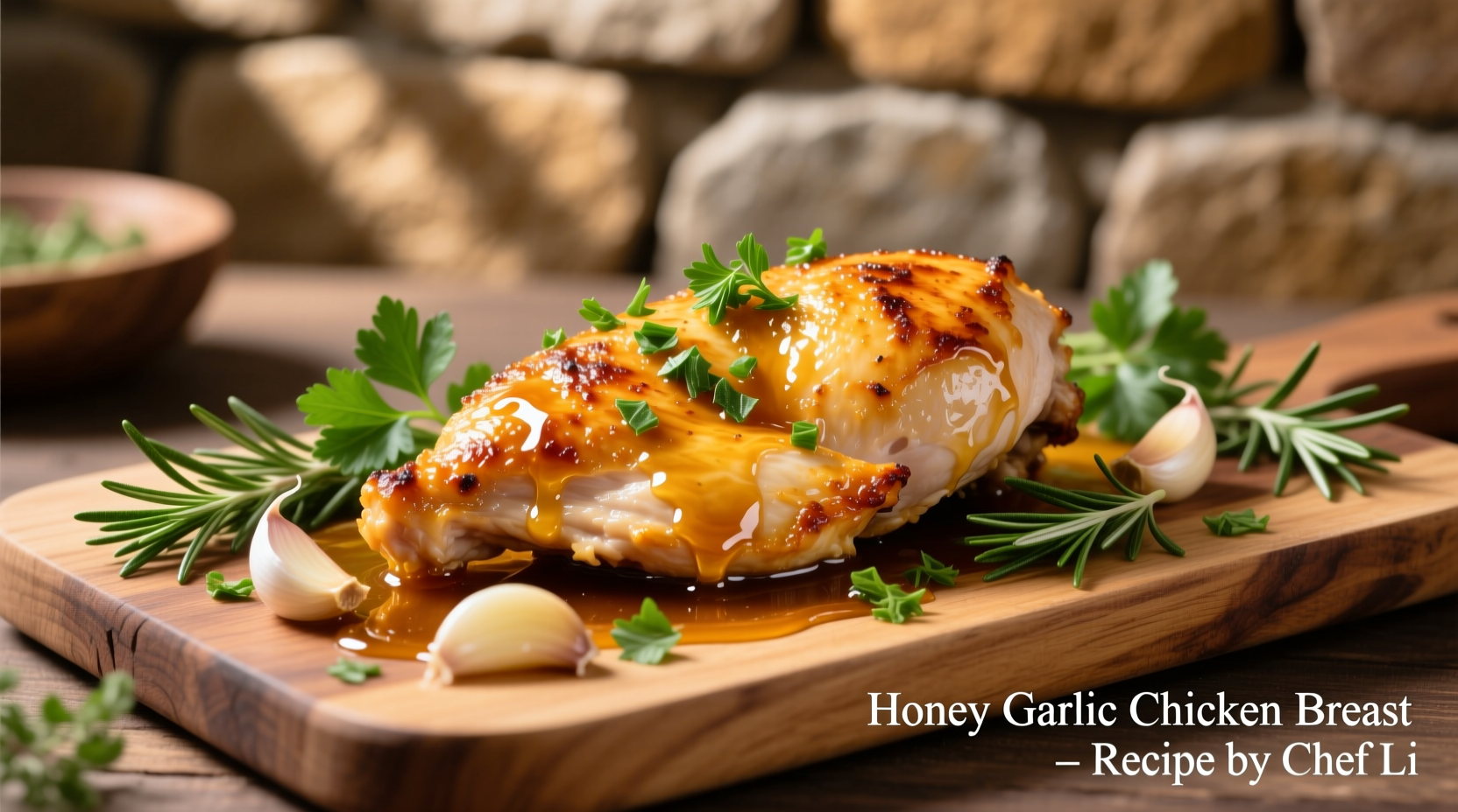 Golden honey garlic chicken breast with fresh herbs