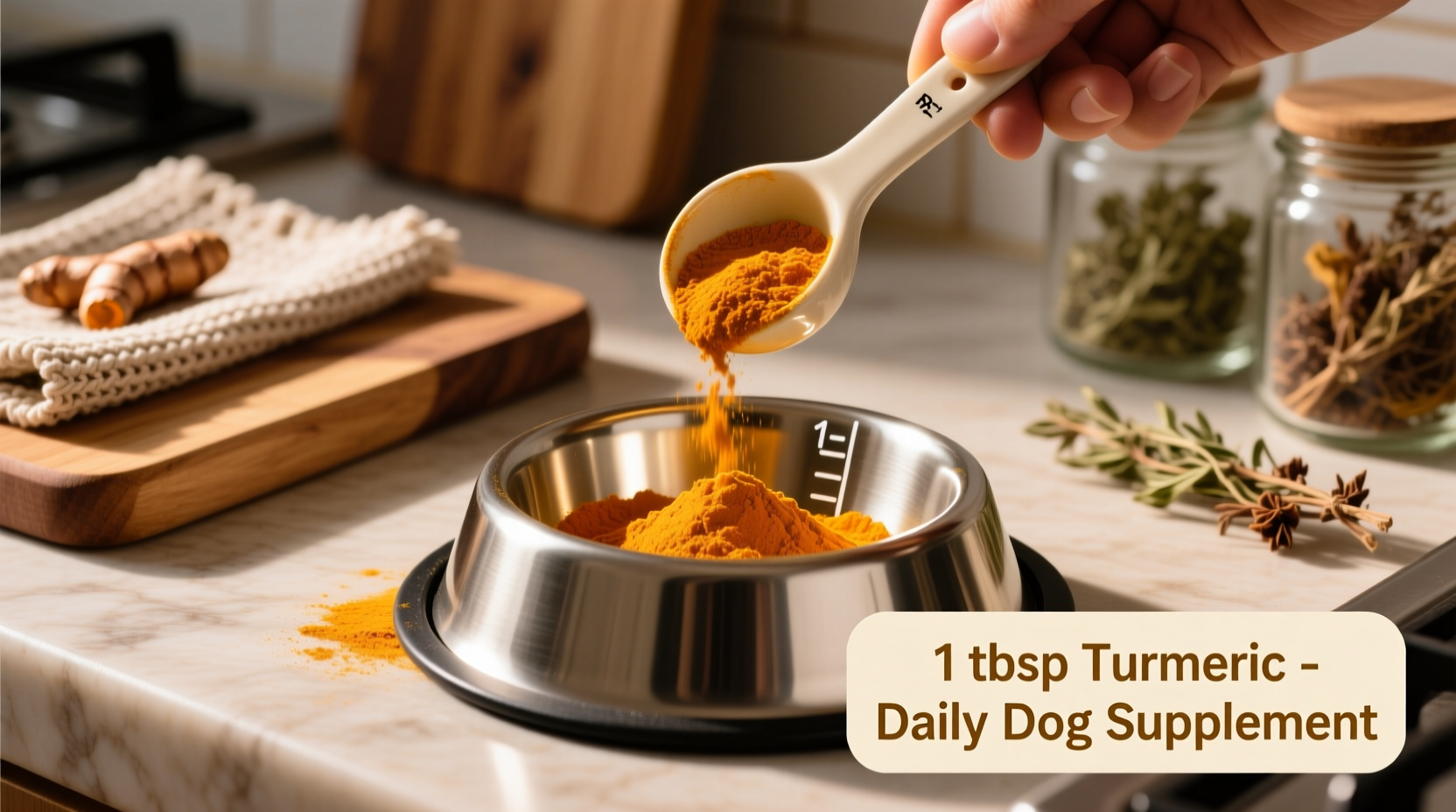 Turmeric powder measured for dog food portion