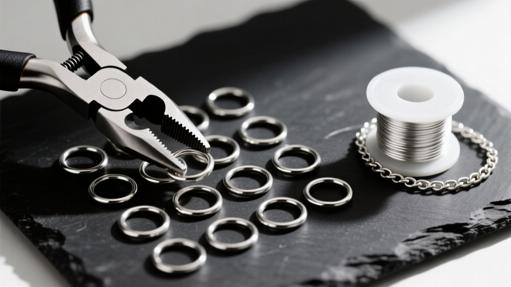 Close-up of nylon jaw pliers organizing 18-gauge sterling silver jump rings on a dark slate surface next to a chain spool