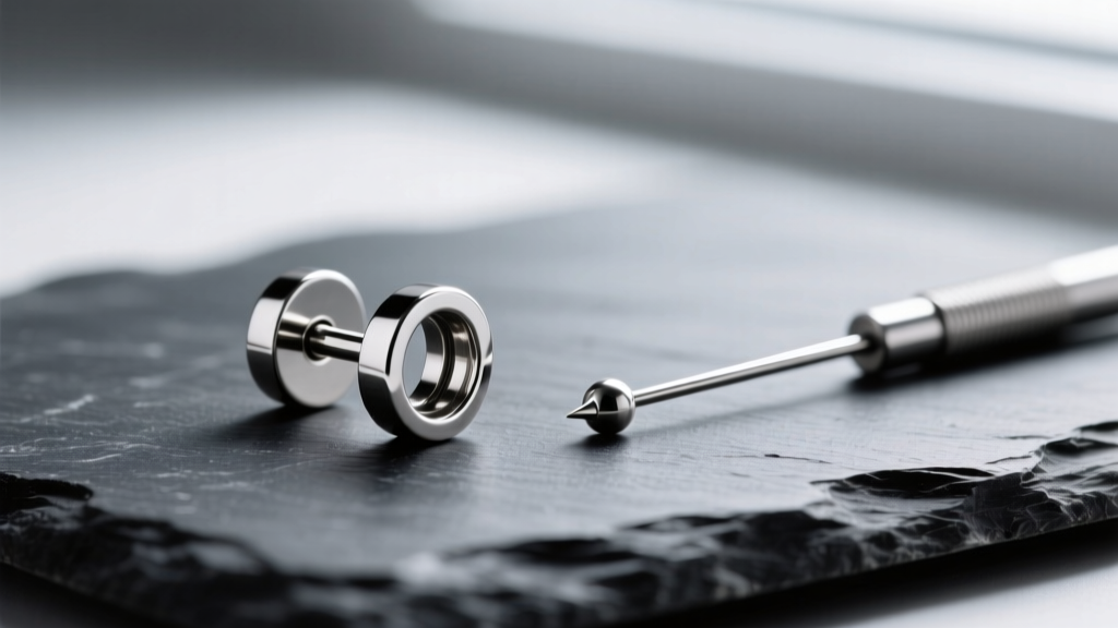 Macro shot of a titanium threadless flat-back labret earring resting on dark slate next to a 16-gauge steel piercing needle
