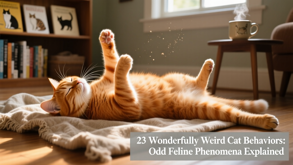 A relaxed ginger cat lying on its back, paws stretched out, eyes half-closed