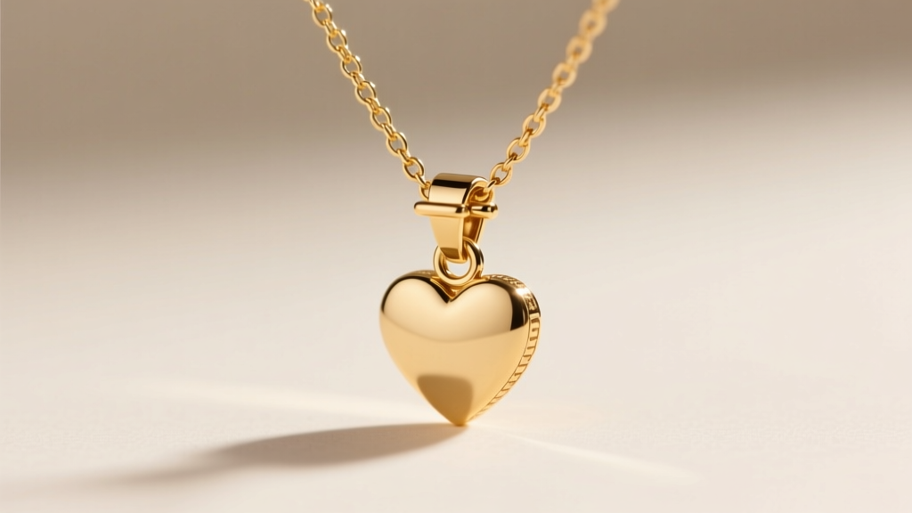 Macro view of a lobster clasp on a 1.2mm gold box chain attached to a jump ring on a delicate heart necklace, sharply in focus.