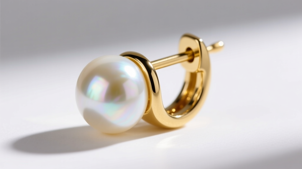Close-up of a 20-gauge solid 14k yellow gold earring post and friction back, highlighting thick nacre on a white freshwater pearl.