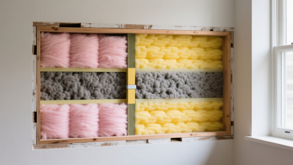 Wood-framed wall cavity showing pink fiberglass, mineral wool, and yellow closed-cell spray foam insulation layers side-by-side.