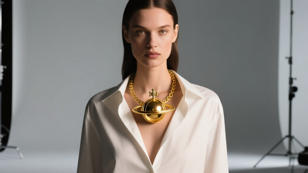 Model wearing a large gold Vivienne orb necklace over a white button-down shirt with an open V-neck in soft warm studio lighting.