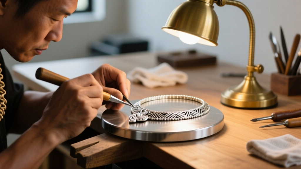 Jeweler cutting precise channels into a silver base for a laid Hawaiian necklace inlay, illuminated by warm desk lamp light