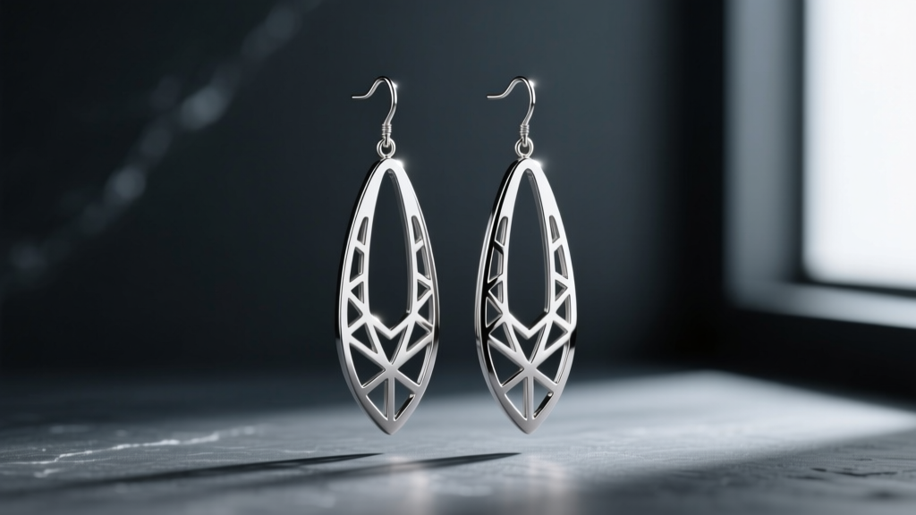Polished titanium long long earrings with geometric cutouts on dark slate showing lightweight hypoallergenic metal and high shine