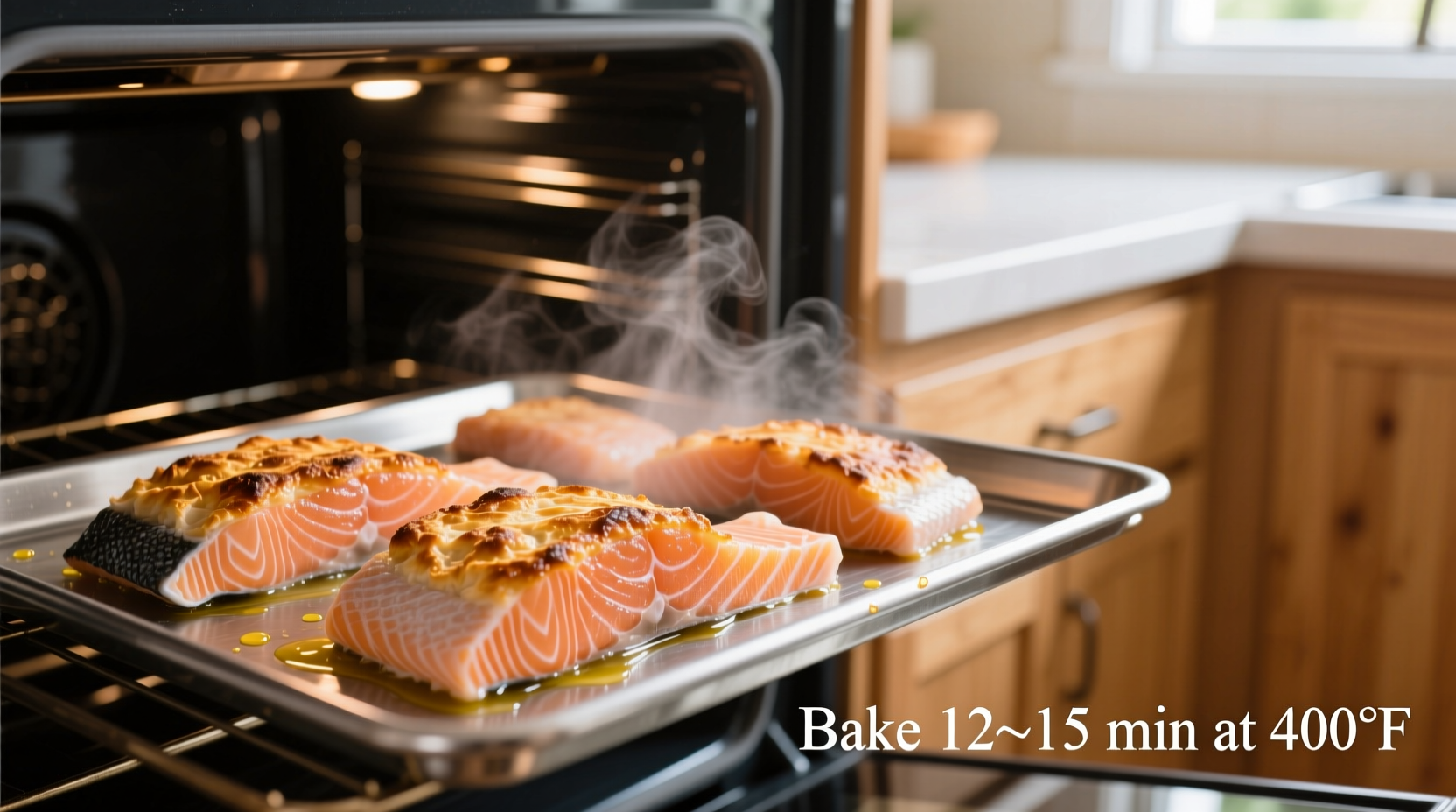 Frozen salmon fillets baking in oven