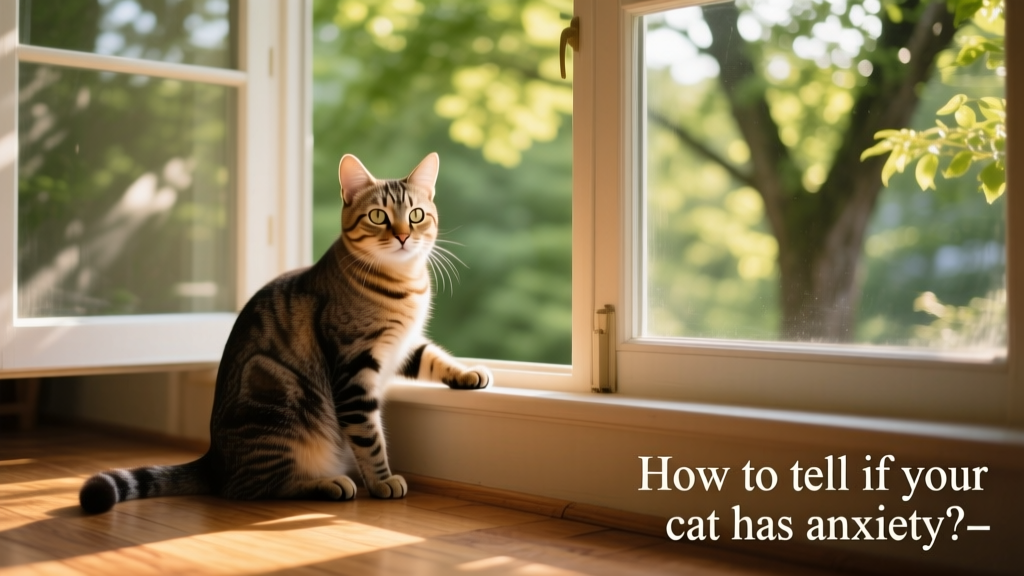 Cat sitting beside an open window with a view of trees, looking alert but relaxed